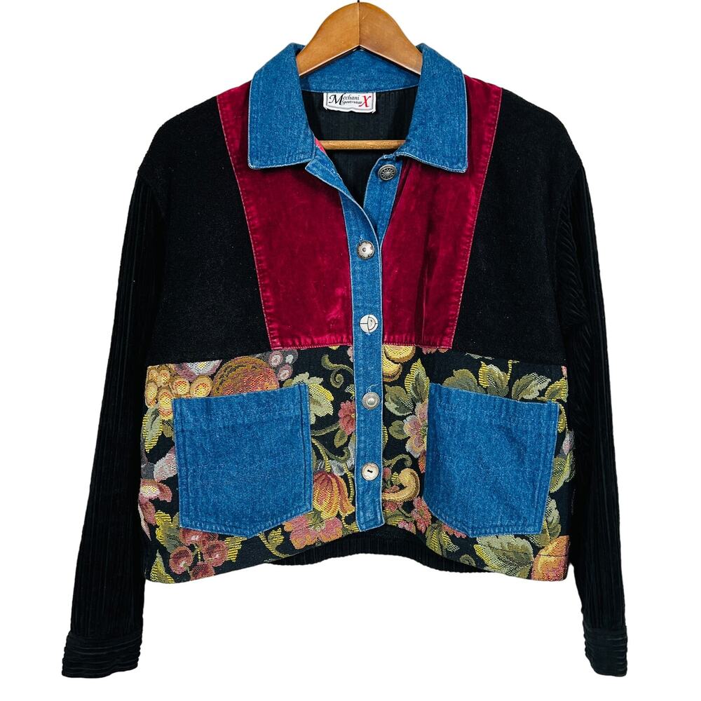 Vintage Mechanix Mixed Media Top Sweater Needlepoint Tapestry Chambray Granny L